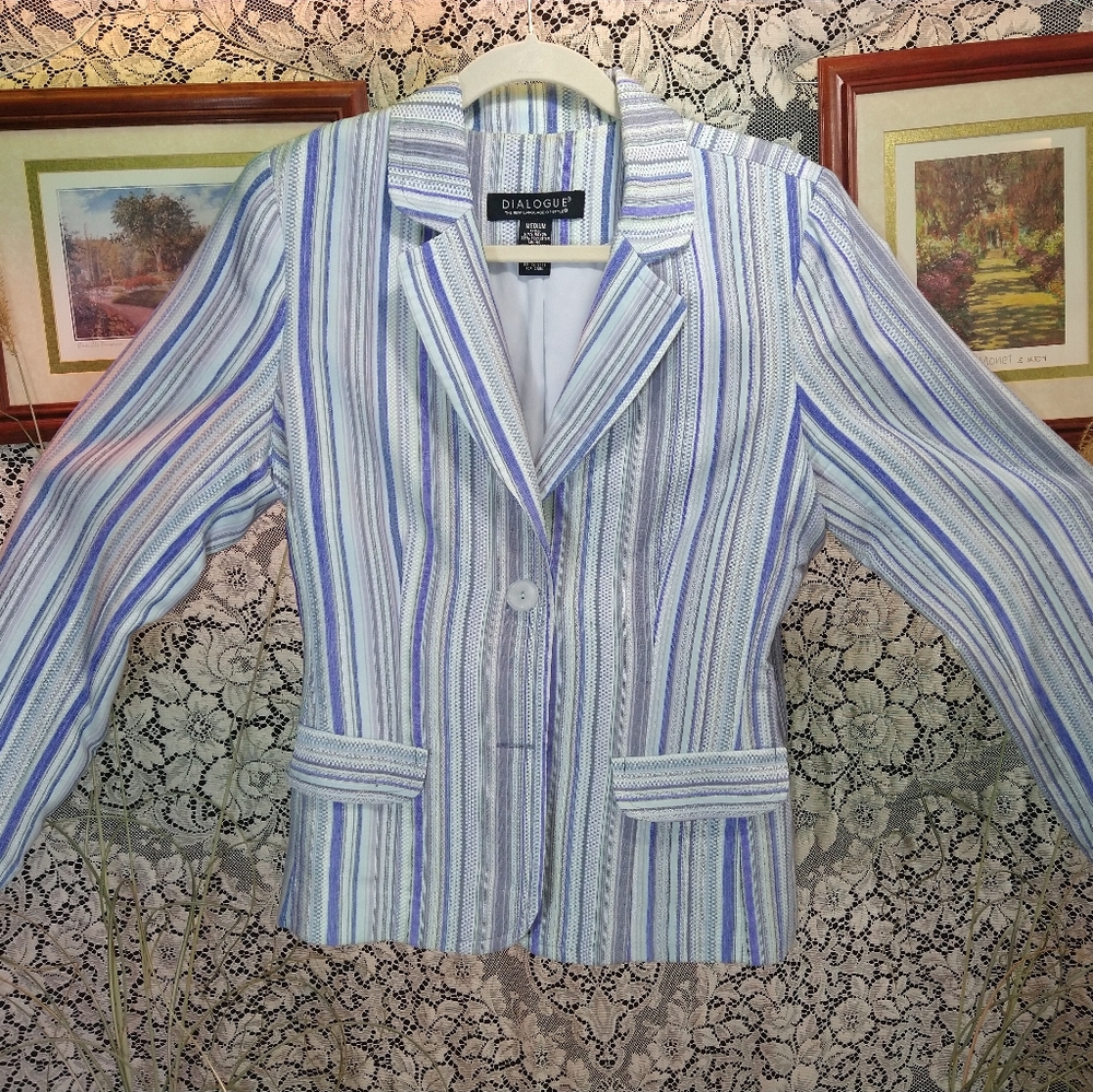 Dialogue blue silver purple striped button up vintage blazer with shoulder pads